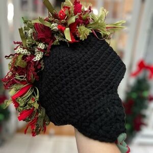 Black Crochet Christmas Holiday Mohawk Hat with Red and Green Accents